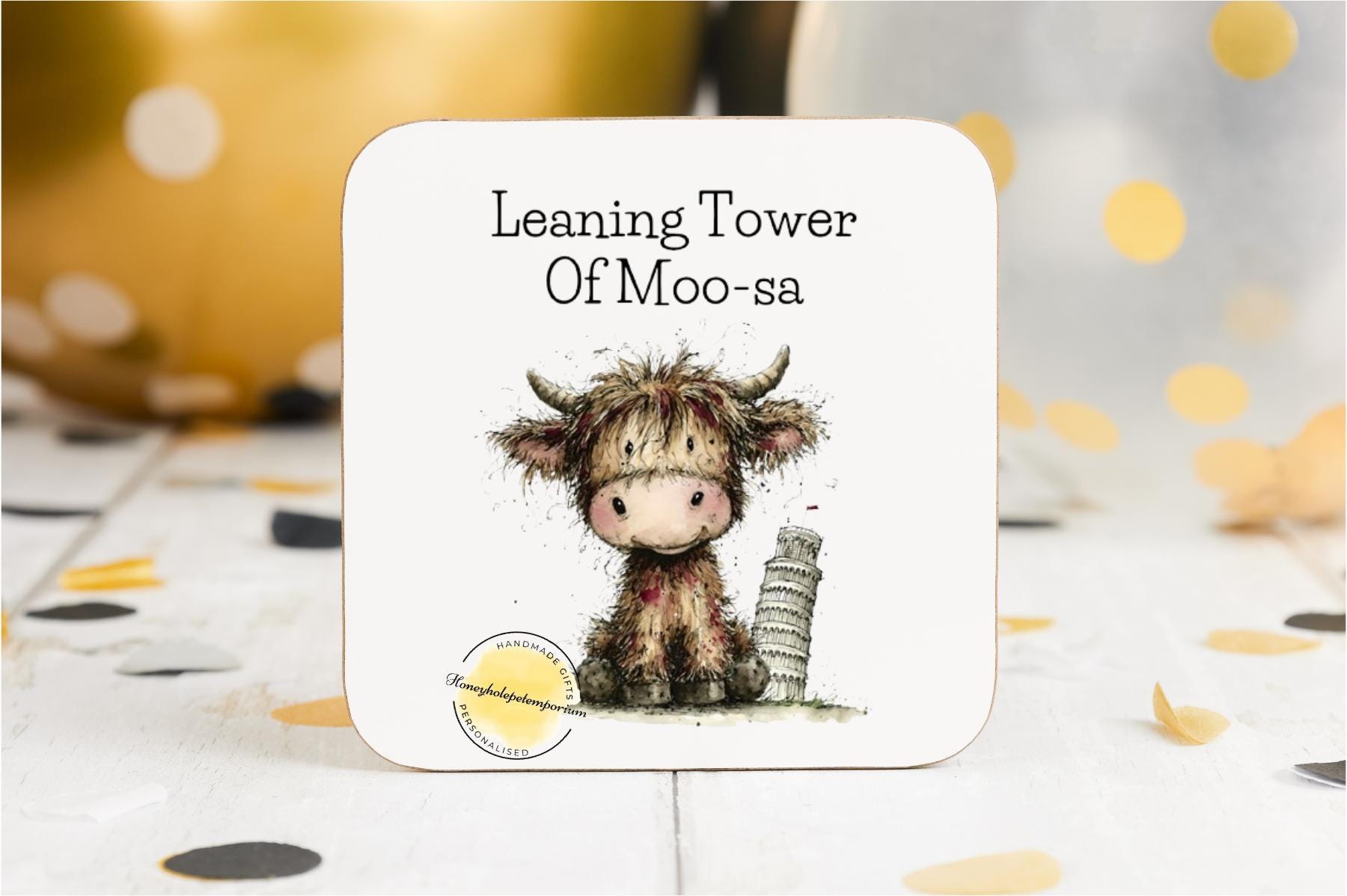 Leaning Tower of Moo-sa Highland Cow Coaster – Funny Cow Coaster, Farmhouse Tableware, Novelty Gift for Cow Lovers