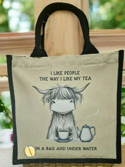 Funny Highland Cow Canvas Tote Bag: Quirky Tea Lover Gift