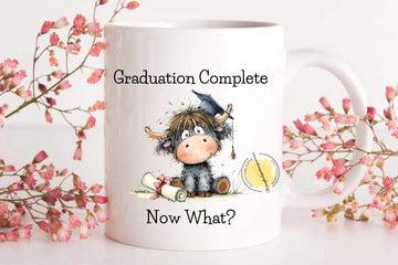 Graduation Complete Now What Highland Cow Mug, Funny Graduate Gift UK