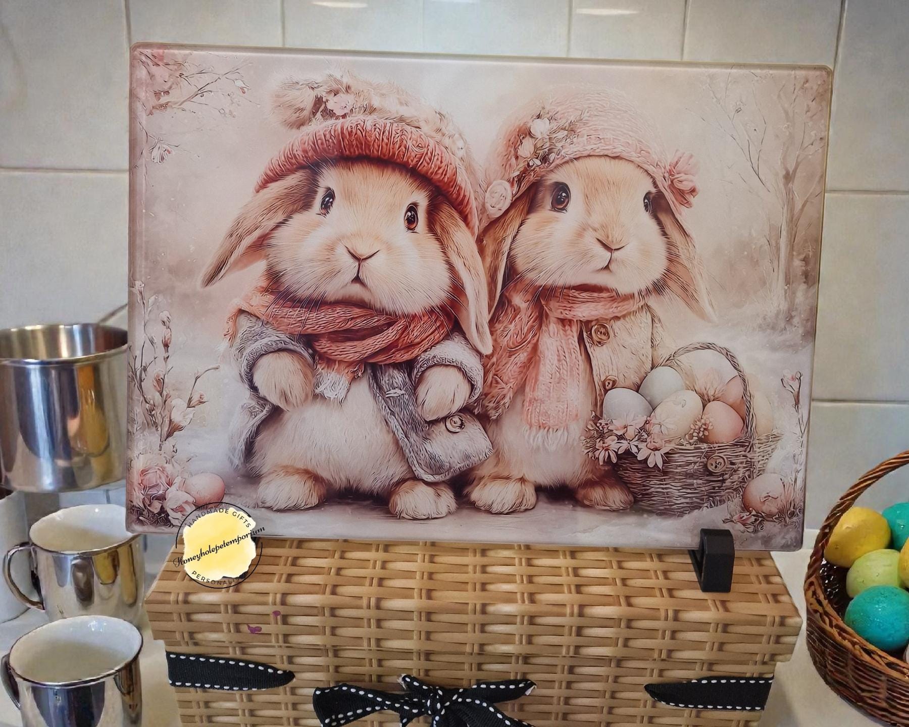 Easter Bunny Glass Chopping Board – Spring Kitchen Decor, Rabbit Lover Gift