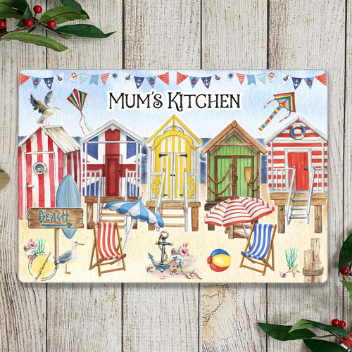 Beach Hut Glass Chopping Board: Coastal Kitchen Decor