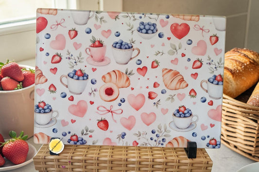 Glass Chopping Board A4 – Strawberry Blueberry Croissant Cottagecore Kitchen Worktop Saver