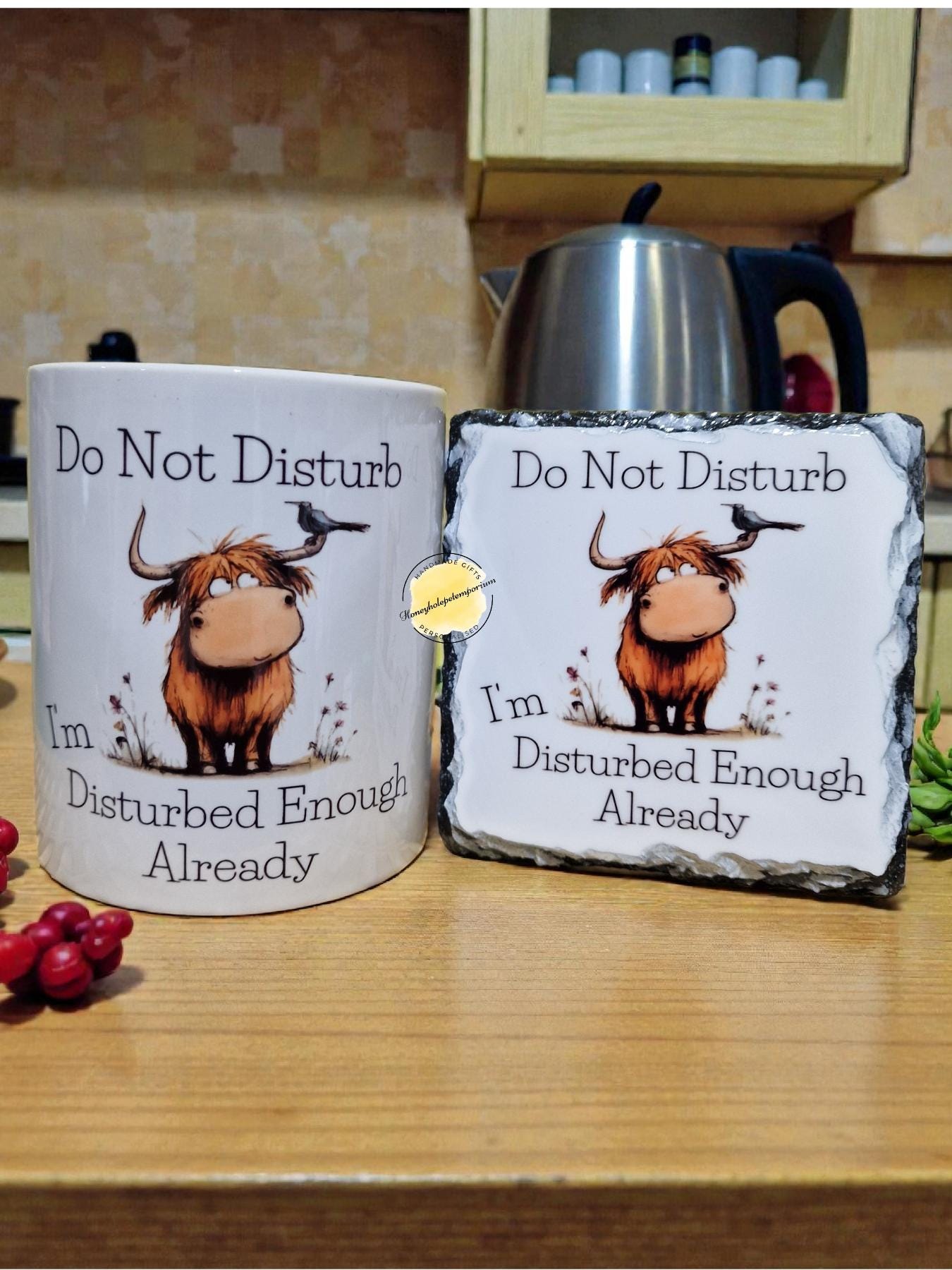 Highland Cow Mug and Slate Coaster Set – Rustic Farmhouse Cow Gift for Animal Lovers, Country Kitchen Tea & Coffee Set