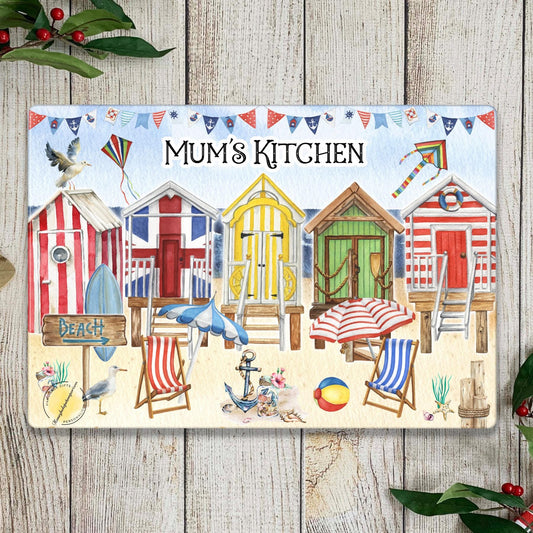 Beach Hut Glass Chopping Board: Coastal Kitchen Decor