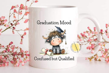 Highland Cow Graduation Mug, Confused but Qualified, Funny Uni Grad Gift