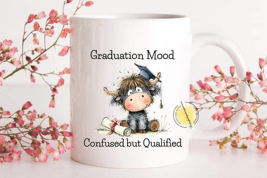 Highland Cow Graduation Mug, Confused but Qualified, Funny Uni Grad Gift