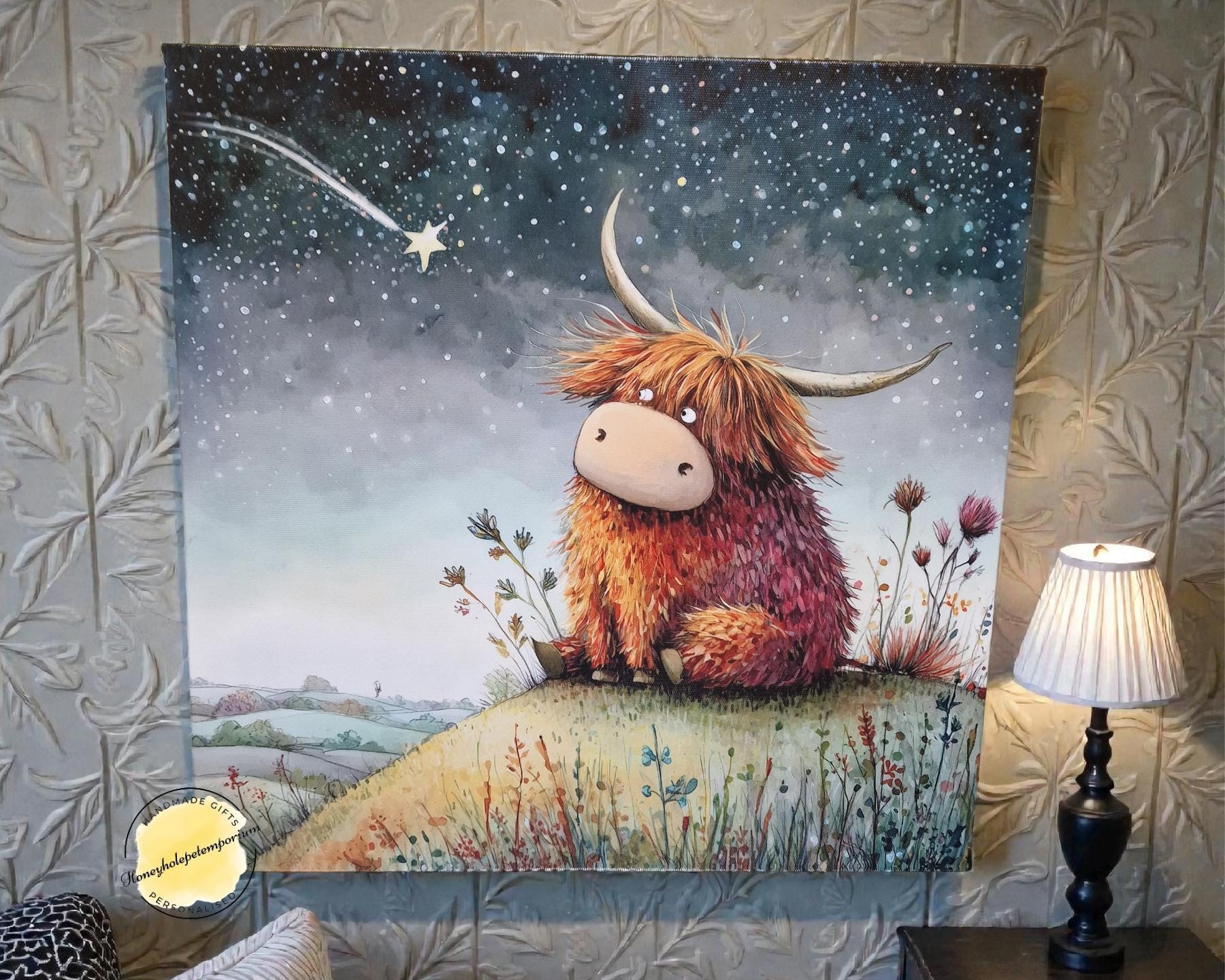 Highland Cow Canvas Print, Starry Night Nursery Decor, 30x30 Square