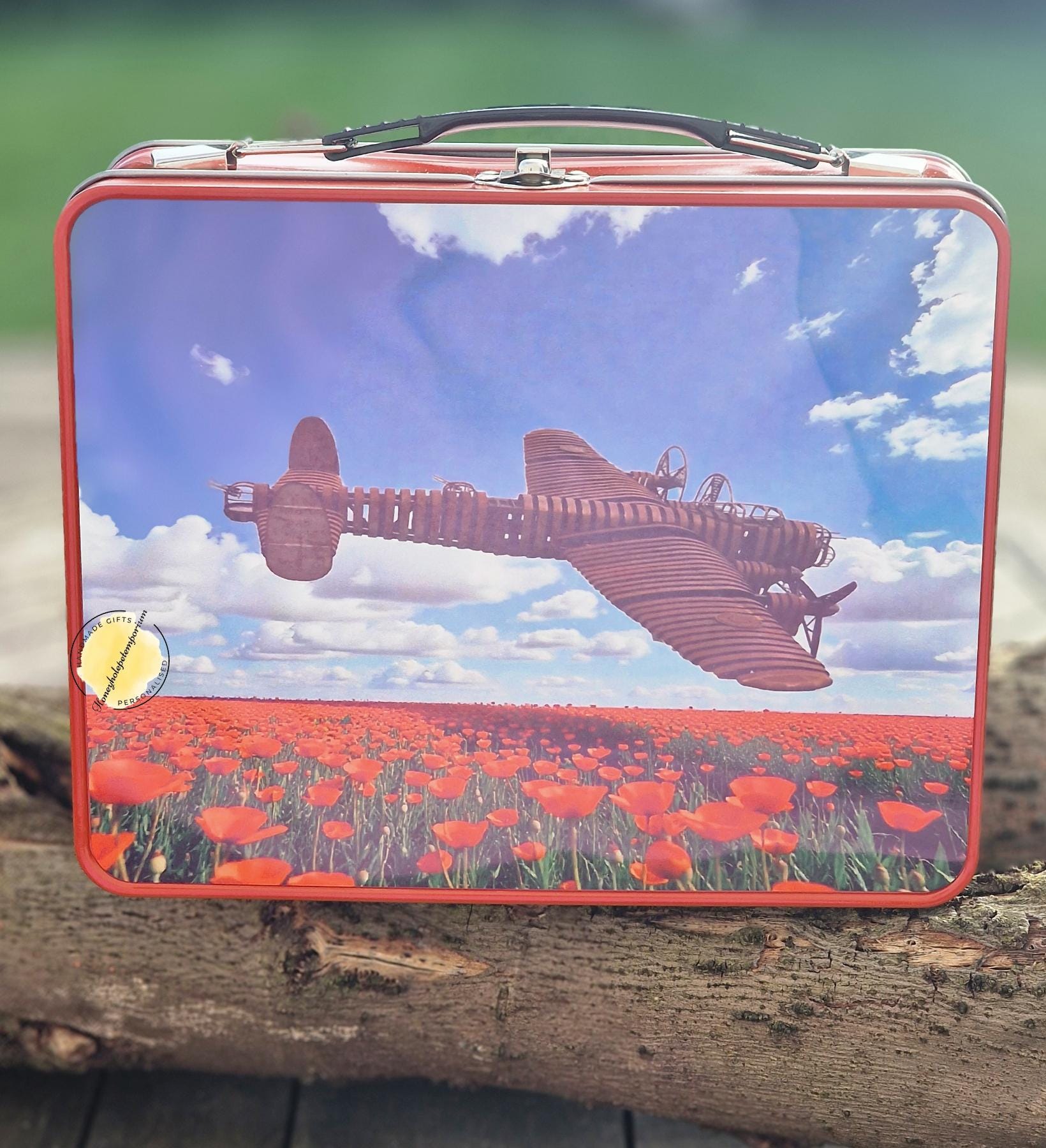Lancaster Bomber Metal Lunch Tin – Poppy Field RAF Storage Box Remembrance Keepsake