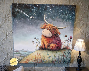 Highland Cow Canvas Print, Starry Night Nursery Decor, 30x30 Square