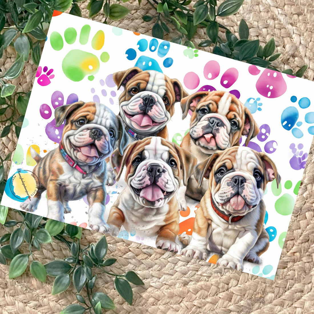 English Bulldog Glass Chopping Board: Colorful Paw Print Design