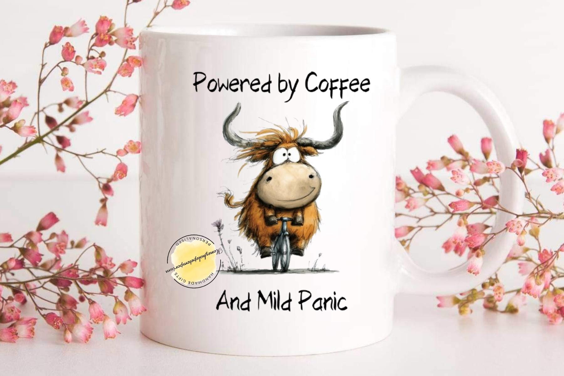 Highland Cow Coffee Mug – Powered By Coffee And Mild Panic – Humorous Farm Animal Cup