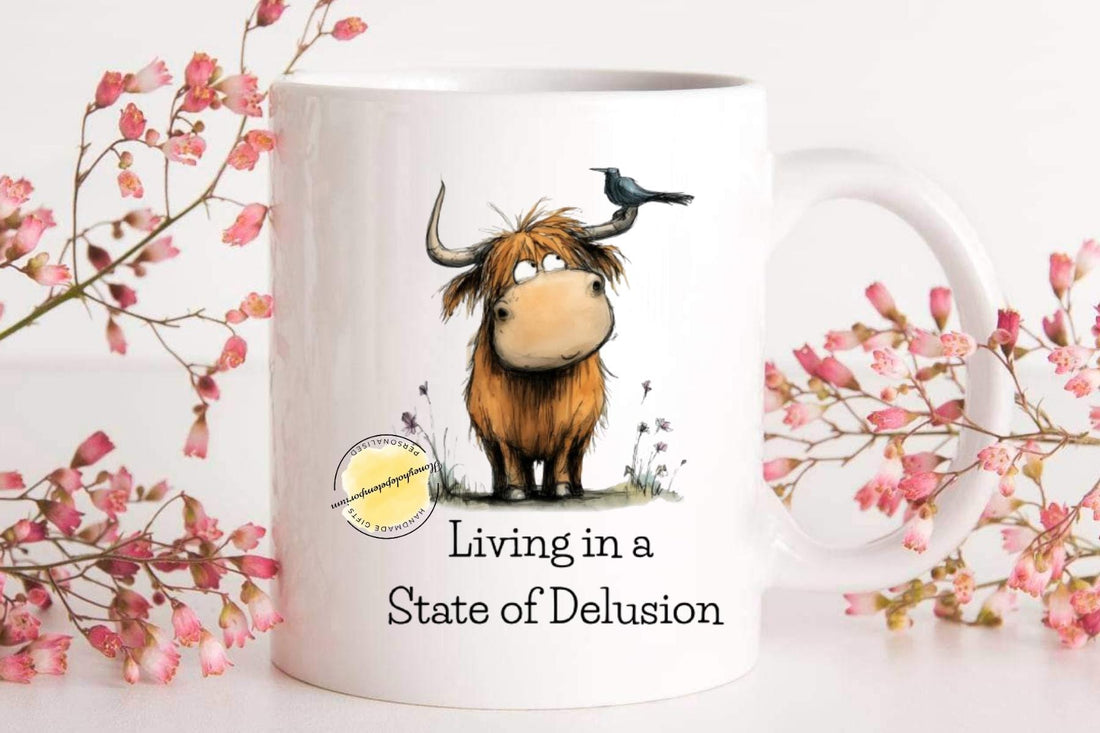 Funny Highland Cow Mug – Living in Delusion – Sarcastic Coffee Cup – Farm Animal Gift
