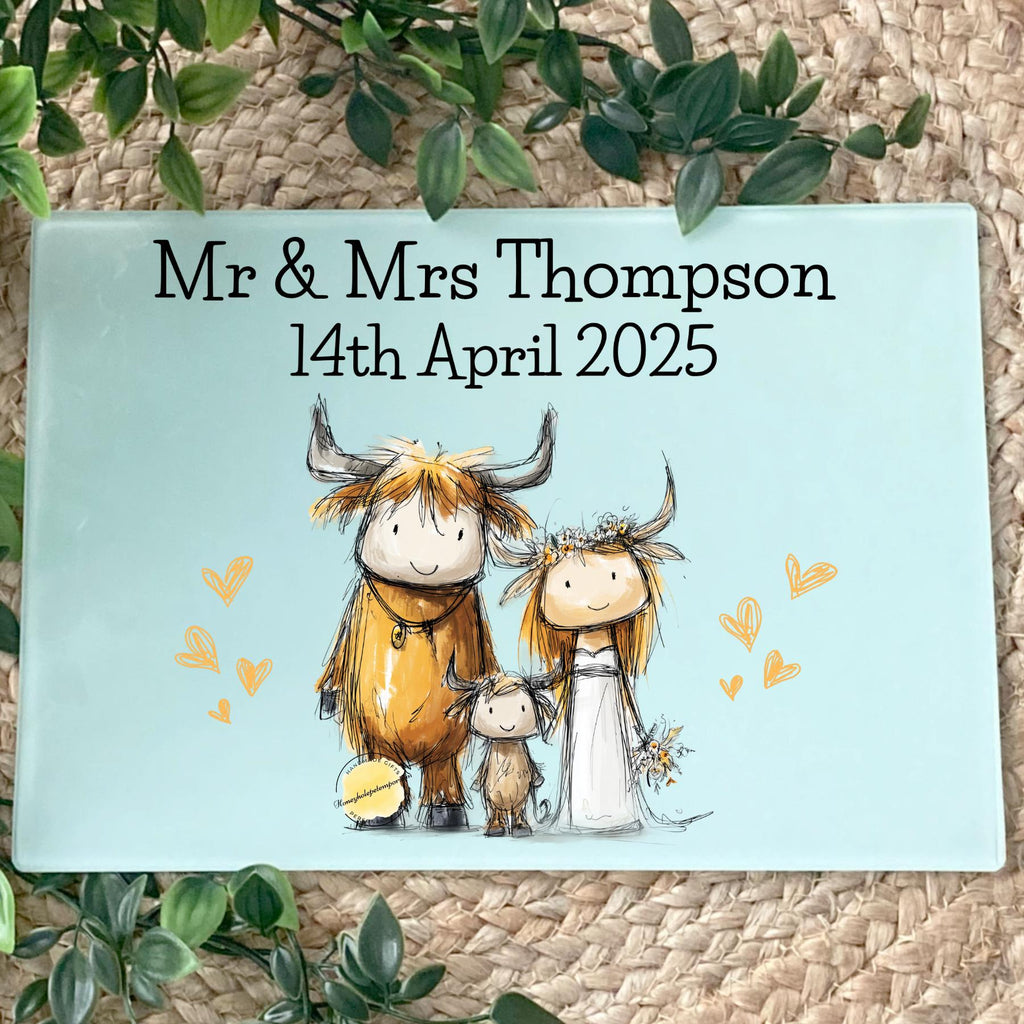 Personalized Highland Cow Wedding Cutting Board: Rustic Mr & Mrs Keepsake