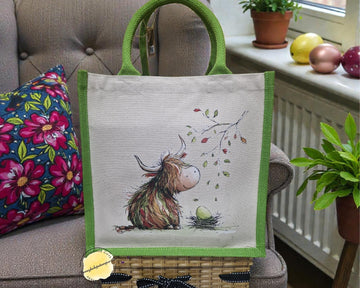 Easter Highland Cow Jute Tote Bag | Reusable Spring Shopping Bag