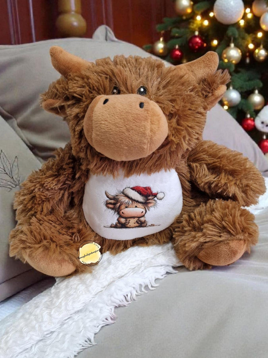 Highland Cow Christmas Plushie – Scottish Coo with Santa Hat
