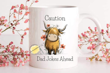 Highland Cow Dad Jokes Mug, Funny Caution Dad Ahead Coffee Cup