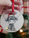 Highland Cow Christmas Bauble – Santa Hat Glass Ornament, Rustic Farmhouse Decor