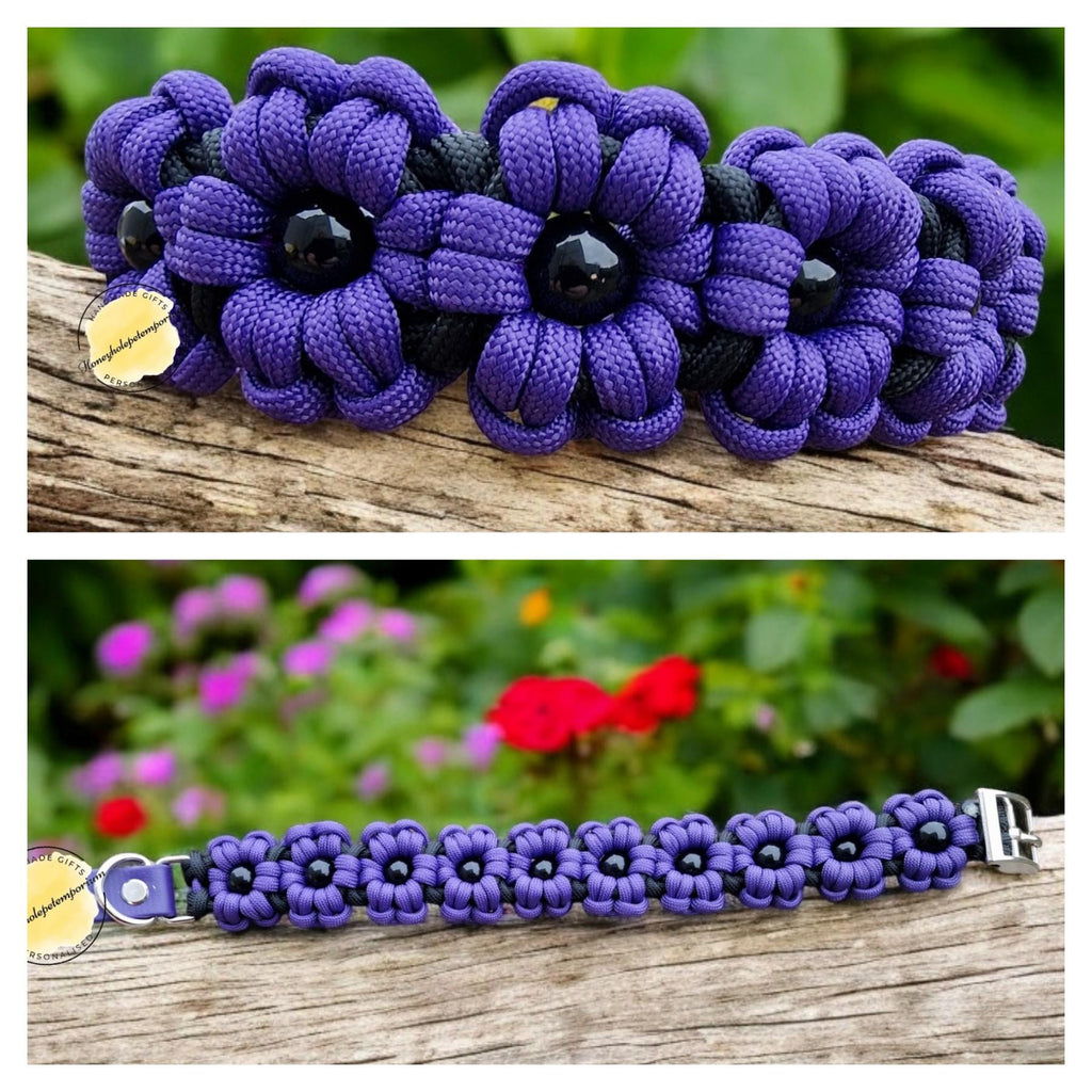 Handmade Paracord Dog Collar: Purple Flower & Bead Design, Adjustable Biothane